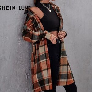 SHEIN Plaid Open-Front Coat in Orange and Black